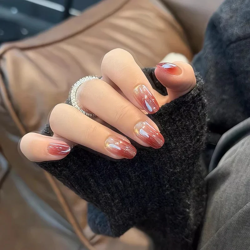 

10Pcs Handmade Nail Set Earl Grey Tea-Inspired Cherry Red Cat Eye Nails Press-On Nail Tips Perfect Gift for Women and Friends