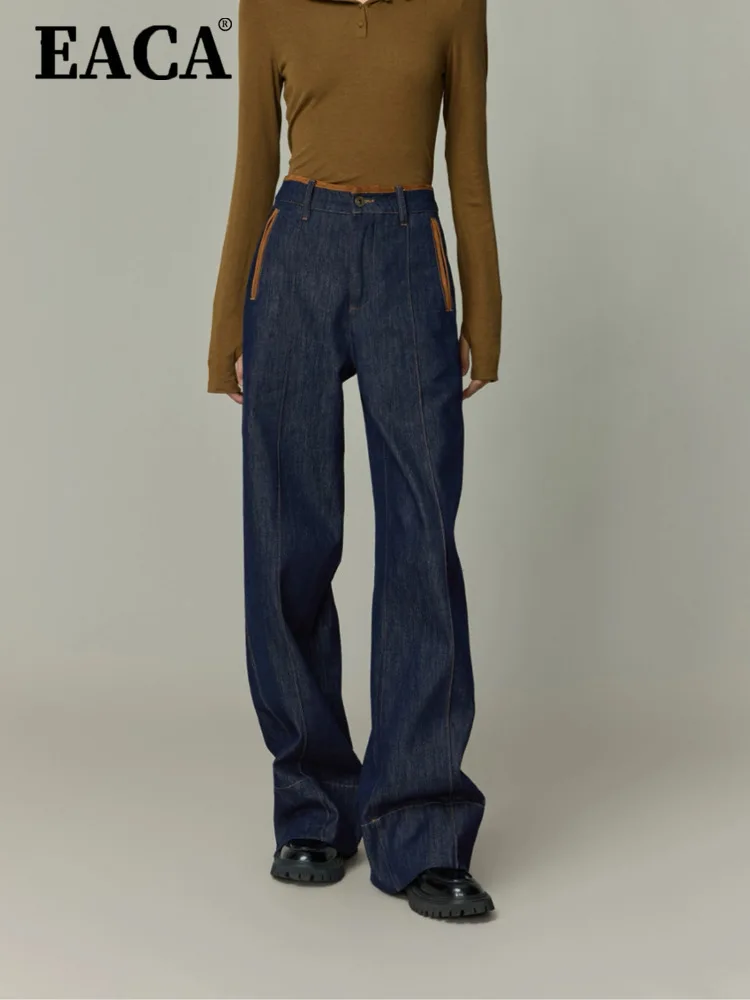 

EACA Suede Trim Primary Color Denim High-waisted Wide-leg Pants New Women 2024 Autumn And Winter New Fashion Simple Temperament