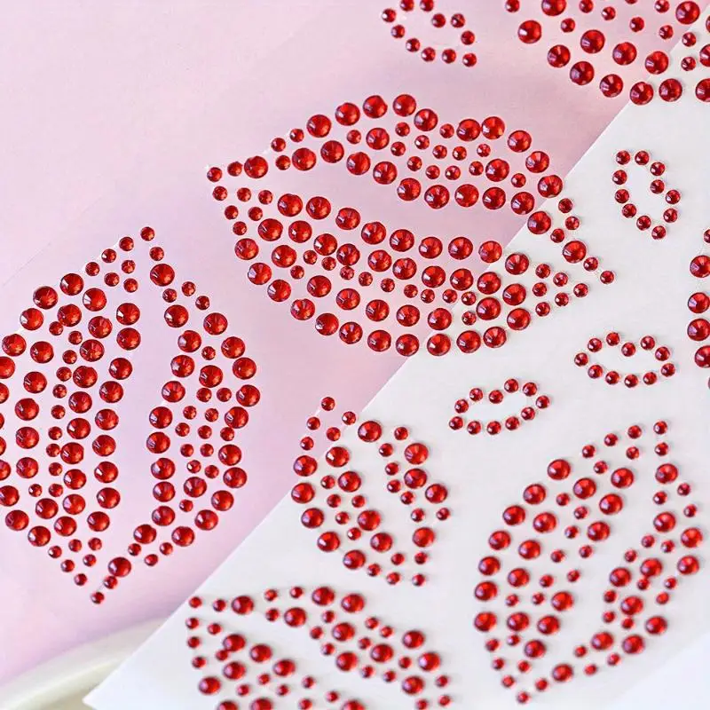 1 Blatt Sexy Realistische Lippen-Körperschmuck-Aufkleber Kuss Rote Lippen Gesichts-Strass Valentinstag Edelstein Temporäre Tattoo-Aufkleber – Detail 9
