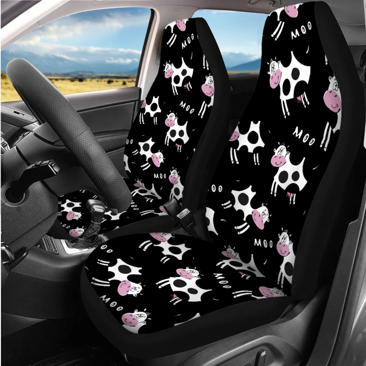 7Pcs Car Accessories Cute Spotted Cow Front Back Seat Cover Set Easy Installation Vehicle Supplies Seatbelt Steering Wheel Cover