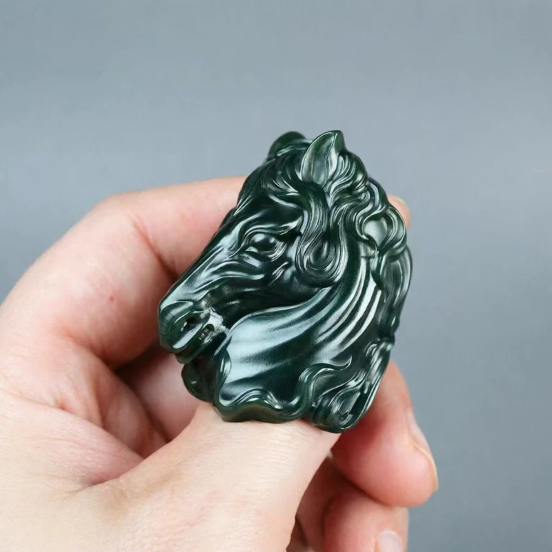 

Natural Xin Jiang He Tian Cyan Jade Zodiac Horse Head Ring Men's Domineering Personality Fashion Accessories Holiday Party Gift