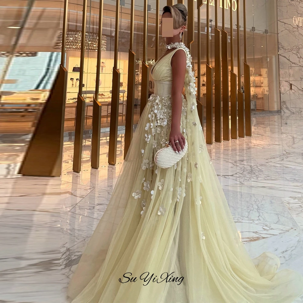 Clássico personalizado flores artesanais tule vestido de noite sexy com decote em v sem mangas vestido de celebridade com xale vestido de baile de alta qualidade