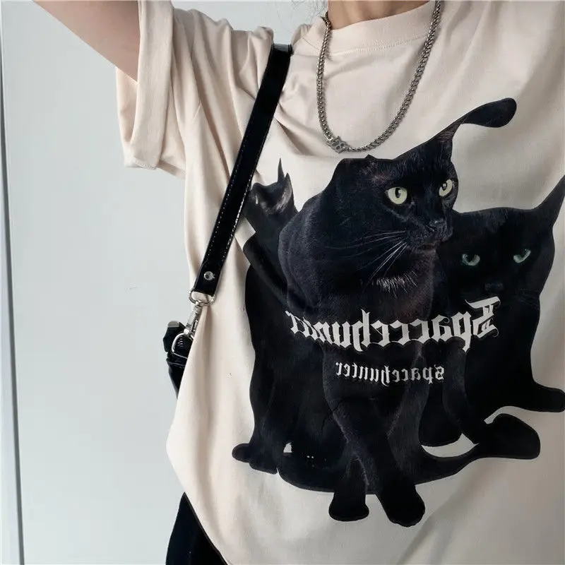 chic summer ins American high street design couple t-shirt loose heavy industry black cat print short sleeves for women and men