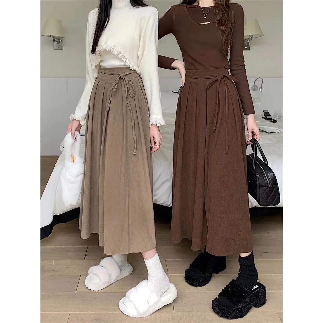 オールマッチプリーツスカート女性秋冬ハイウエスト A ライン折りスカート女性韓国ファッションベルト付きミディスカート