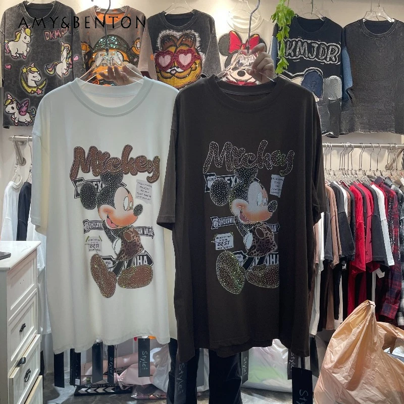 

Fashionable Cartoon Print Short Sleeves T-shirt WomenSummer New Style Rhinestone Design Loose Fit Slimming Versatile Top Tshirts