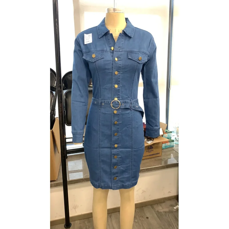 Abito in denim a maniche lunghe da donna primavera autunno vintage colletto rovesciato monopetto abito jeans nero abito da donna al ginocchio p