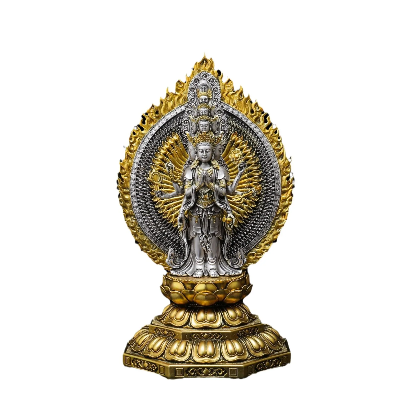 YFY  brass thousand-handed  Buddha statue ornament Buddhist hall temple  surface silver ancient method old color gold effect