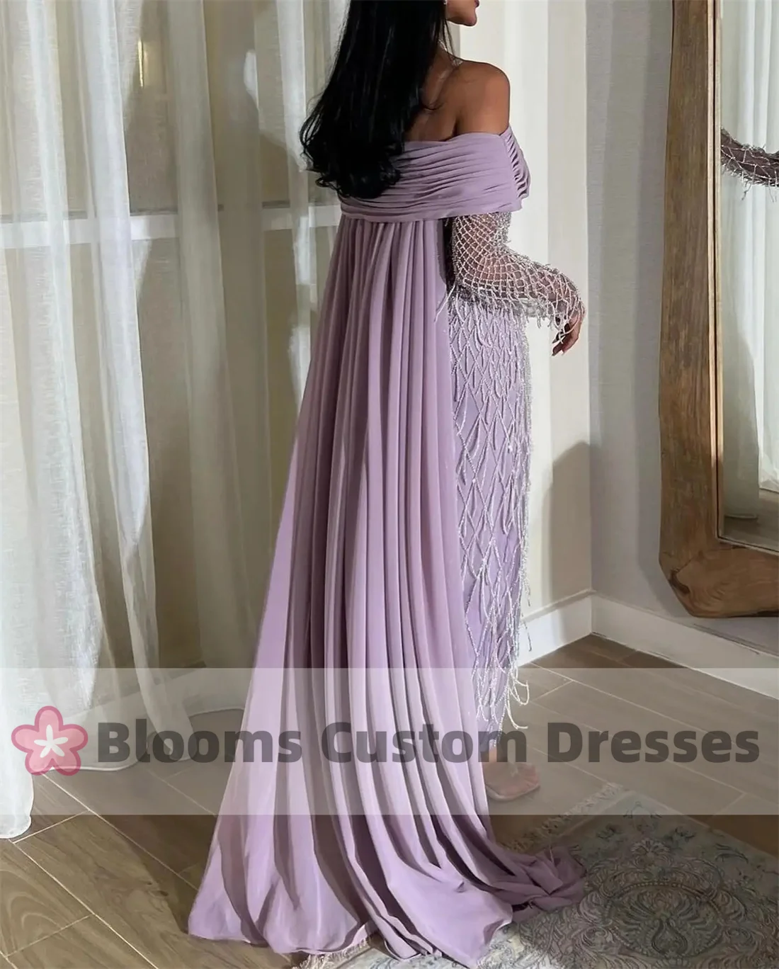 Blooms Off Shoulder Customized Prom Dress Saudi Women Shiny Tassels Party Evening Dresses Long Sleeves Formal Occasion Gown