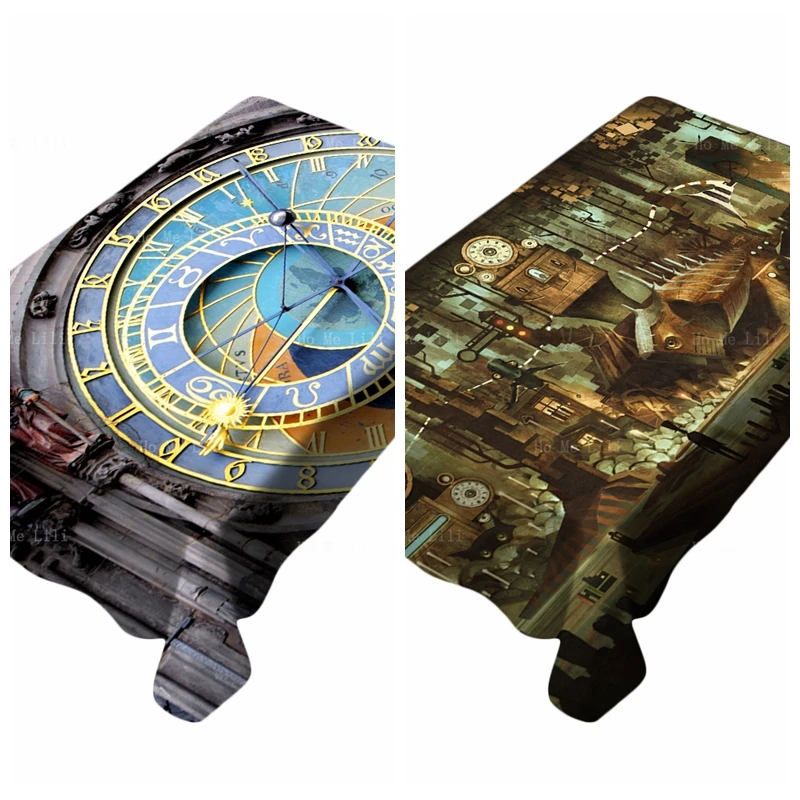 Medieval Prague Astronomical Clock And Steampunk Mechanical Watch Digital Tablecloth By Ho Me Lili For Tabletop Decor