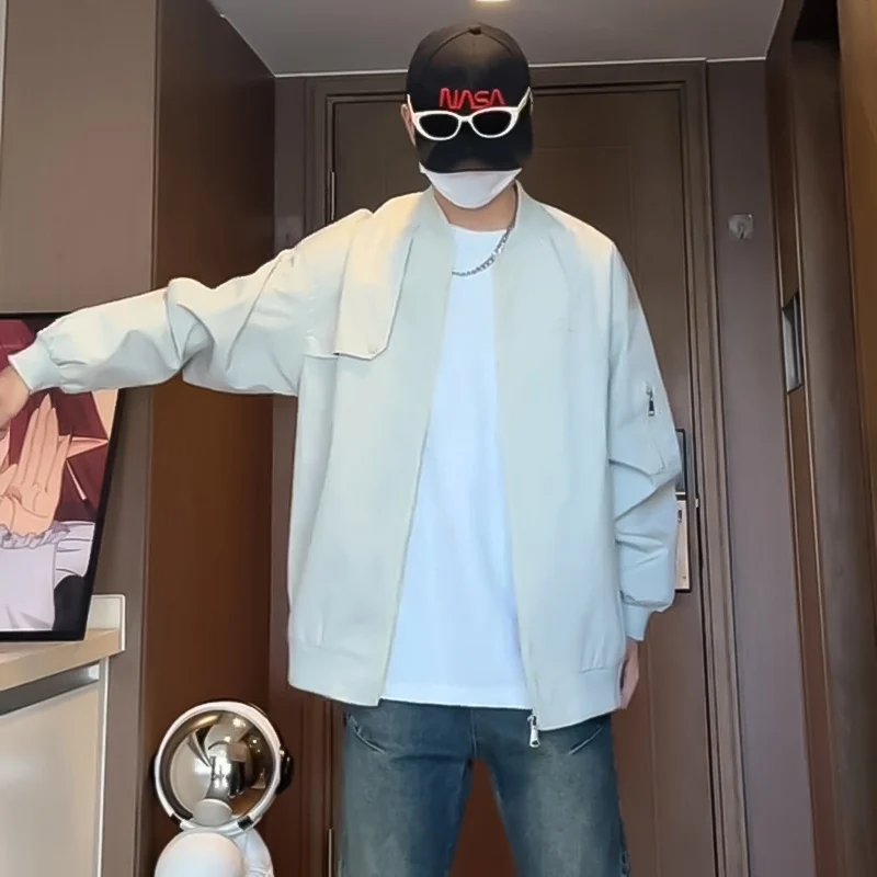 

Autumn White Flight Jaet Men's American High Street Embroidered Baseball Design Couple's Outerwear Loose Fit Long Sve