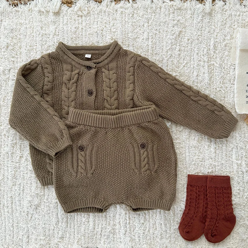 2026 ربيع جديد طفل رضيع الفتيان فتاة الملابس مجموعة طويلة الأكمام سترة مشغولة من الصوف سترة + السراويل 0-3Yrs الأطفال الملابس دعوى