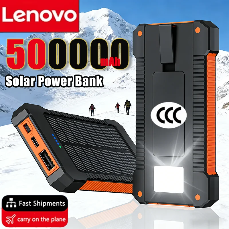 Lenovo 500000mAh Portable Solar Power Bank Large Capacity Super Fast Charging Outdoor External Battery For Xiaomi Huawei New