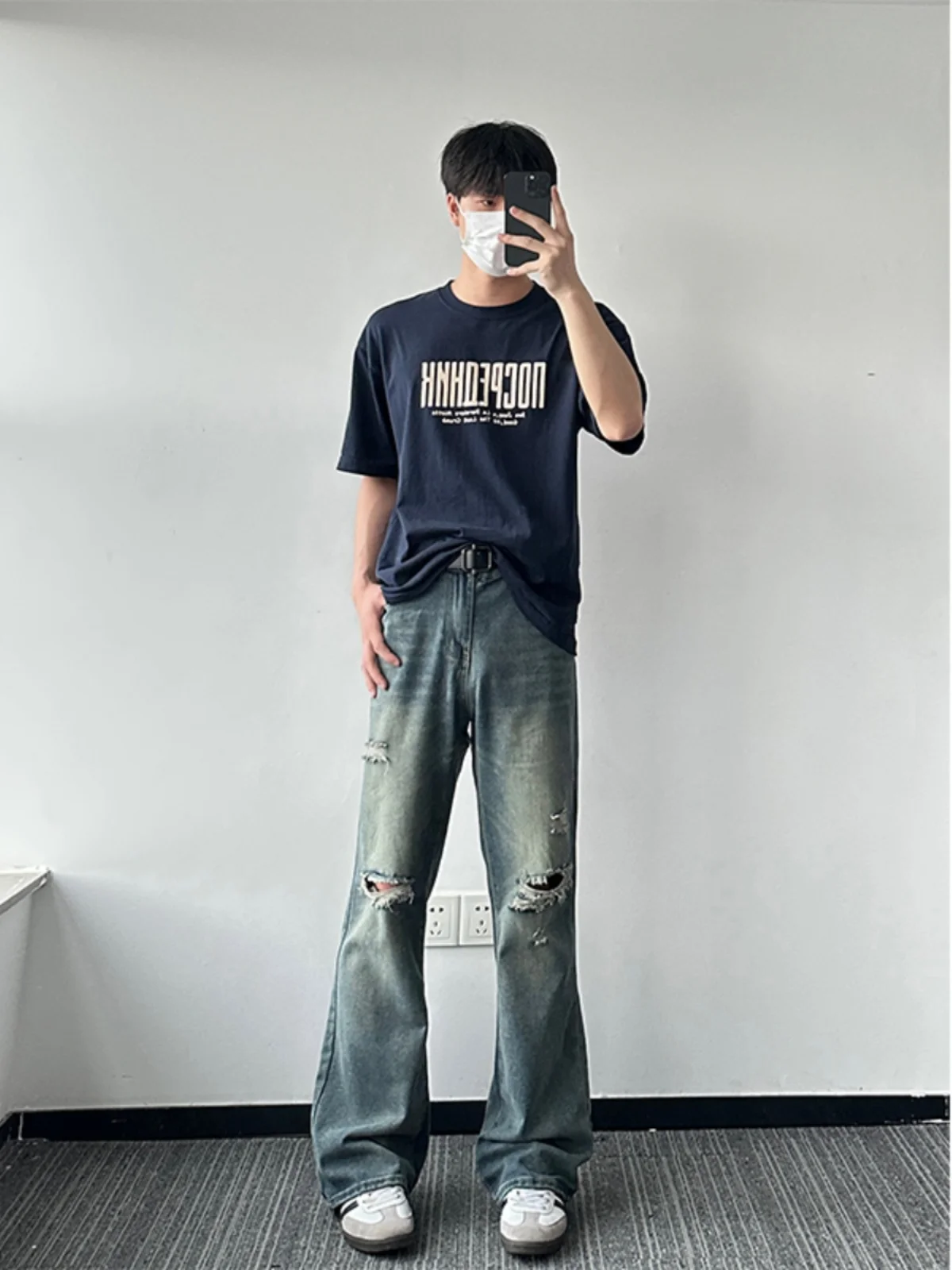 

American Sle Men's Jeans Summer High Street Vibe Slim Straight Leg Jeans Worn out Denim Pants Youth Trendy Long Trousers