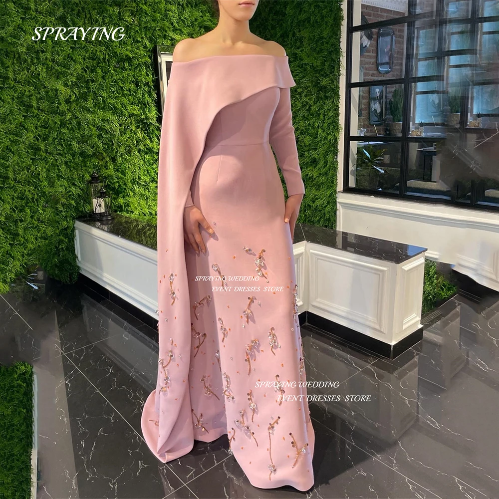 SPRAYING Off the Shoulder Crepe Satin Women Vintage Modest Prom Dresses Long Sleeves Beading Evening Gowns