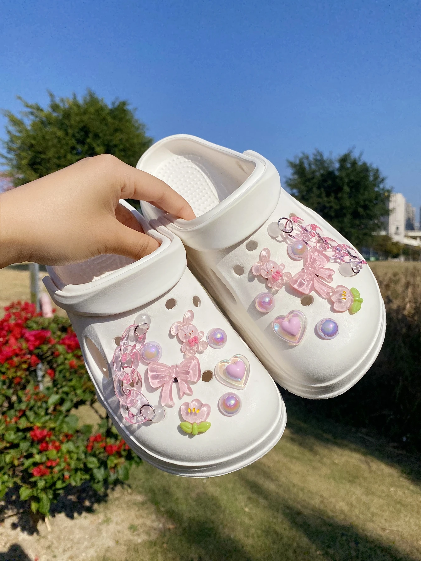 16개 토끼, 리본, 하트, 꽃, 핑크 체인 신발 버클, DIY 장식, 다기능 신발 클립 액세서리 여성용