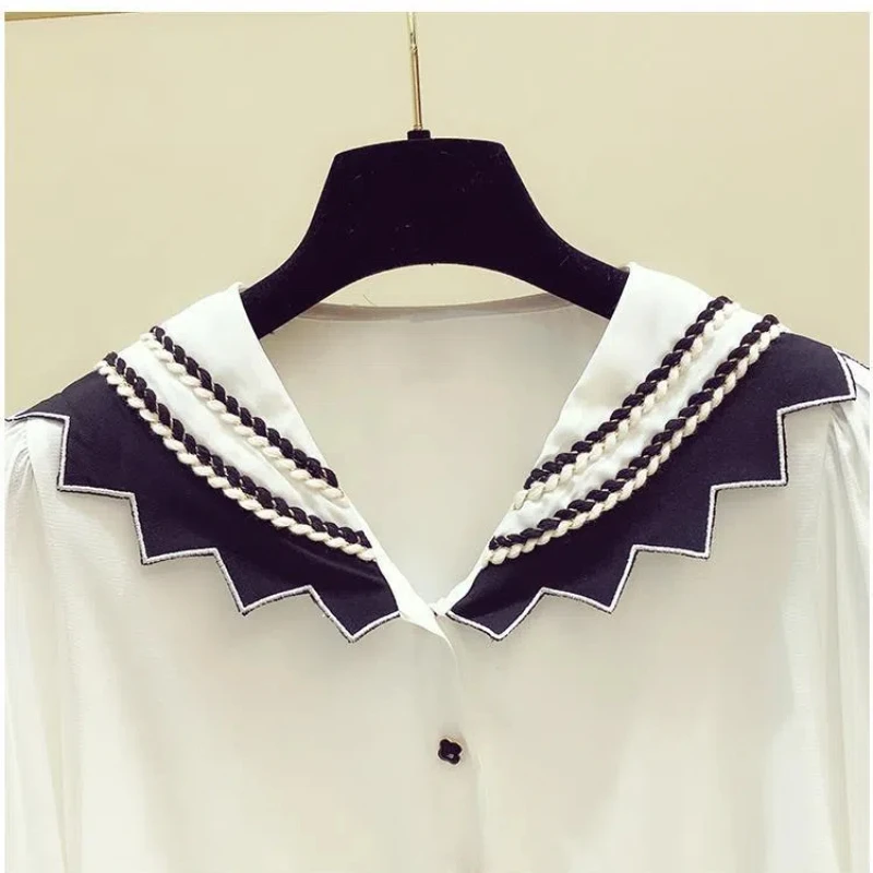 2024 Summer Casual Fashion Elegant Commuting Solid Color Button Navy Neck Design Sense Niche French Chiffon Long Sleeve Top