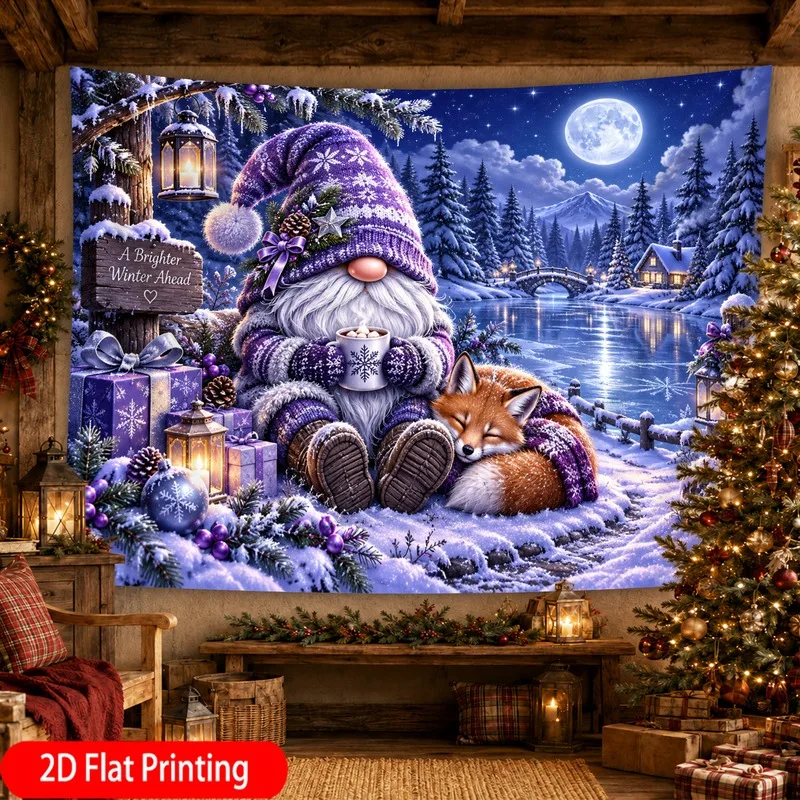 VIKAMA Christmas Eve Santa Tapestry, Reindeer Sleigh over Village, Xmas Wall Hanging Decor for Bedroom Living Room Home