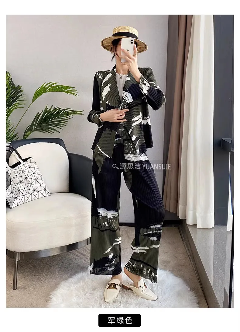 

HOT SELLING Miyake Printing and dyeing fold the clothes suit fold nine points sleeve lapel coat +Wide--leg pants IN STOCK