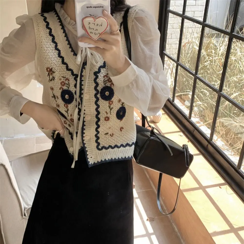 Pullover con scollo a V Top Gilet lavorato a maglia stile nazionale Fiore Maglione con scollo a V vintage Abito casual senza maniche Gilet piccolo da donna