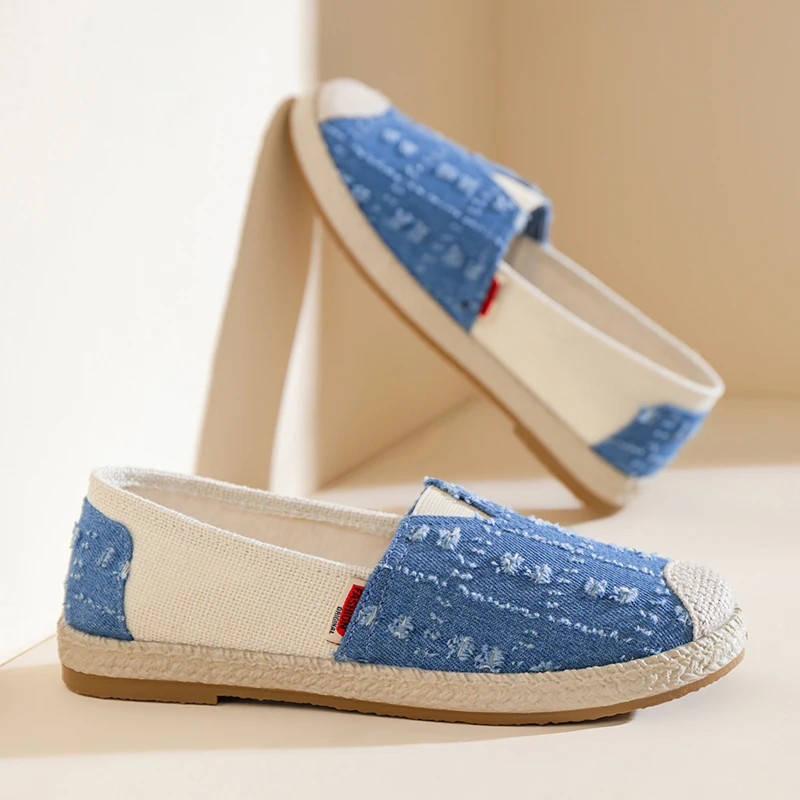 Mocasines azules con estilo para mujer, zapatos de pescador sin cordones de corte bajo para mujer, zapatos planos cómodos y transpirables de lino, zapatos de mujer