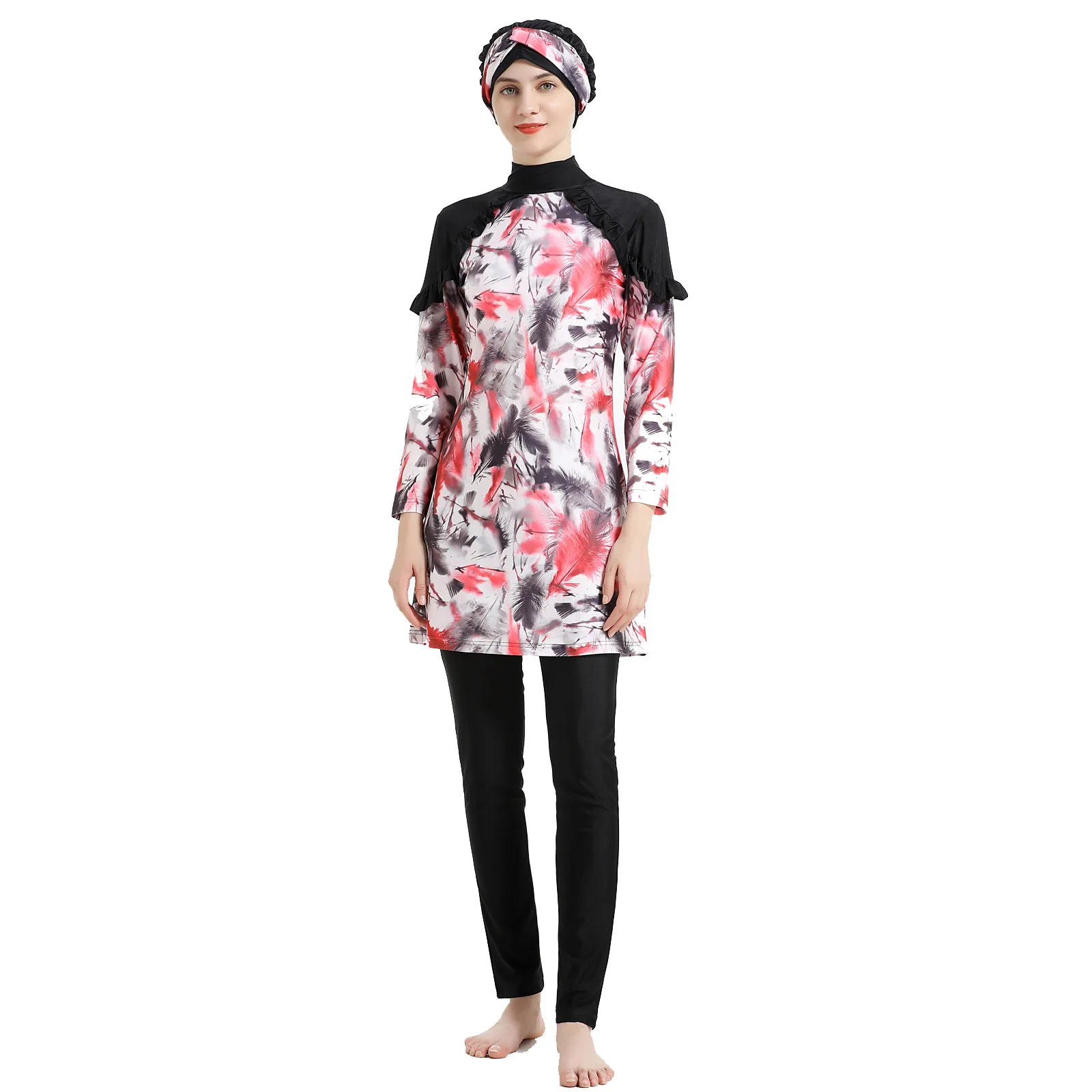 Women Muslim Burkini Swimsuit Modest Swimwear Islamic Long Sleeve Full Cover Hijab Flower Dress Top Cap Swim Pants ​Bathing Suit