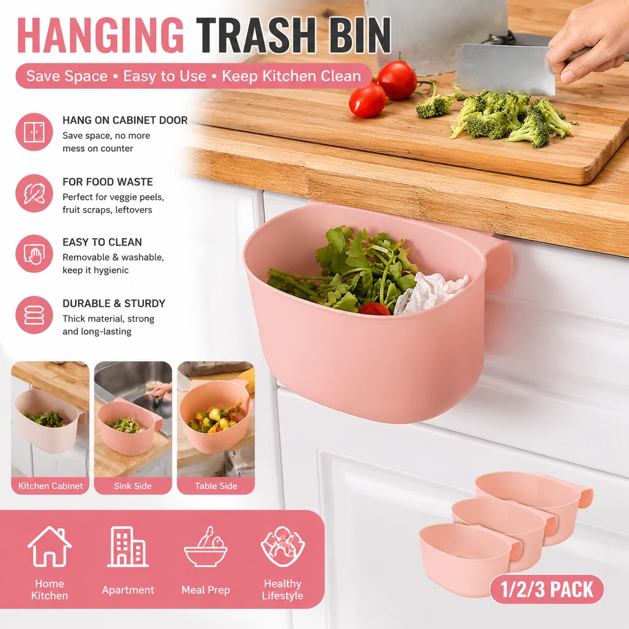 Hanging Trash Can for Kitchen Cabinet Door, Wall Mounted Food Waste Bin, Space Saving Garbage Container for Sink Side Meal Prep