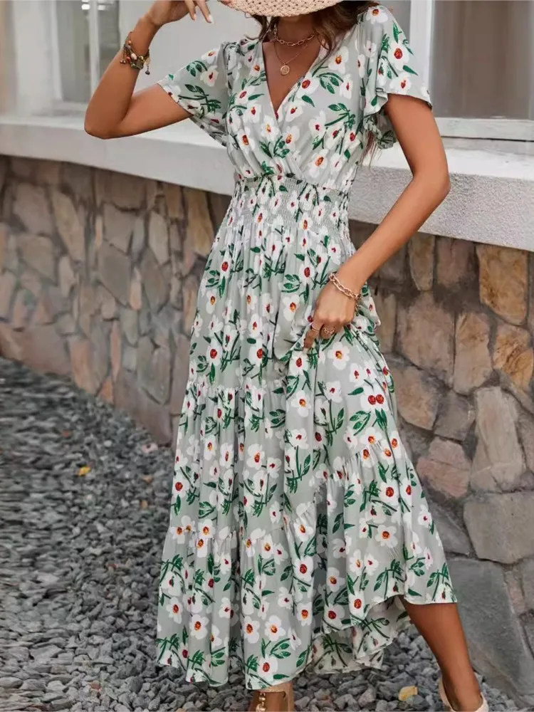 Elegant Print Dress Lady Short Sleeve V-Neck Pullover High Waist Dresses Robe Femme Fashion Boho Holiday Dresses Summer New