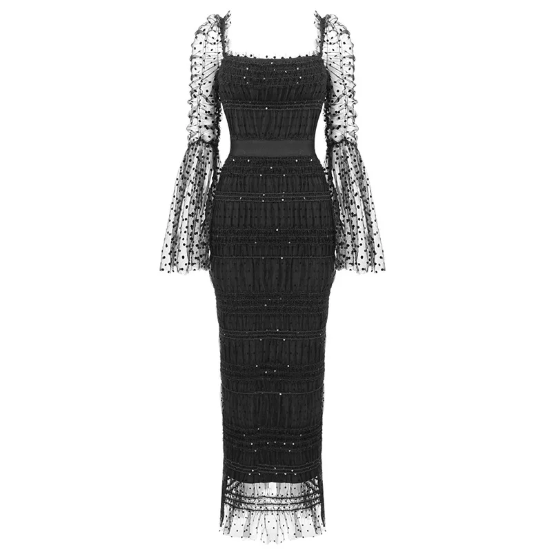 Robe de soirée élégante en maille transparente noire, manches évasées, col carré, cintrée à la taille, nouvelle collection 2025