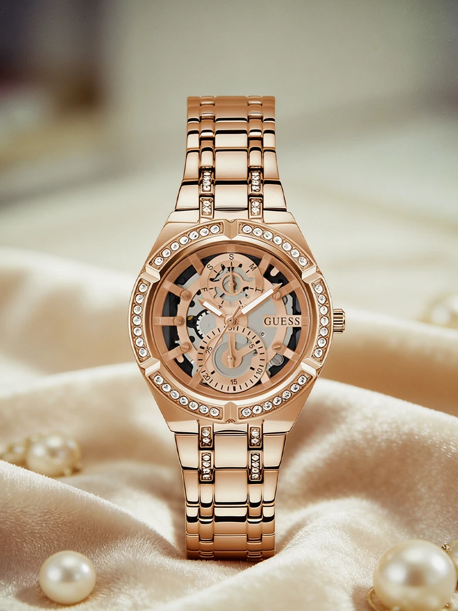 Reloj de Cuarzo GUESS para Mujer con Bisel de Cristal, Correa de Acero Inoxidable en Oro Rosa, Elegante Reloj de Vestir para Oficina, Fiesta, Uso Diario, Regalo