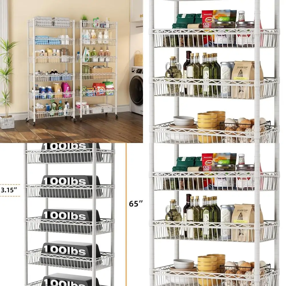 

6-уровневая регулируемая проволочная полка с колесиками для хранения в гараже, кухне, офисе и кладовой белого цвета