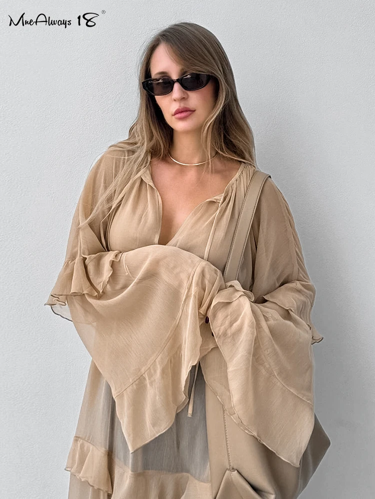 Mnealways18 Frill Batwing Sleeve Khaki Perspective Dresses Fashion 2024 Sexy V-Neck Lace-Up A-Line Dress Overlap Flowing Dress