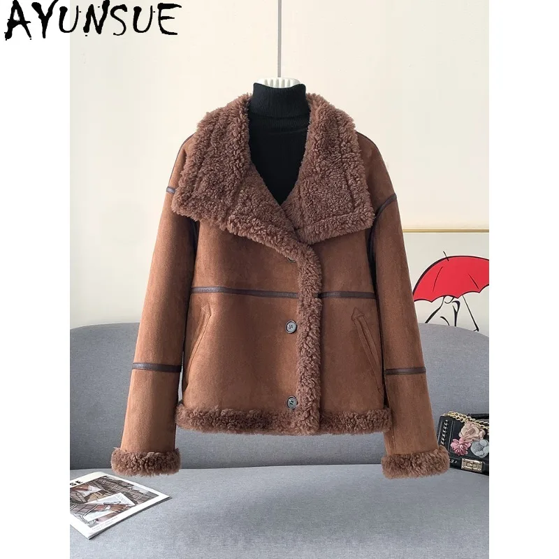 AYUNSUE 100% Wool Winter Jacket Woman 2025 Motorcycle-style Lamb Fur Coat Woman Short Jackets for Woman Clothing Vestes Femmes