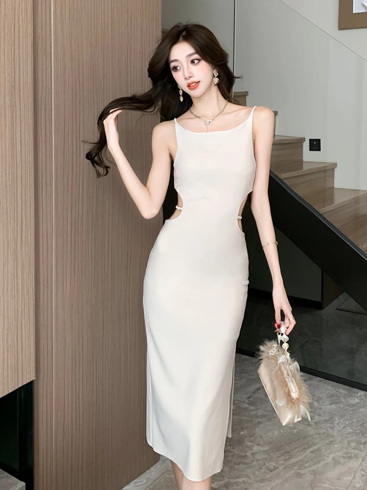 New Women Clothes Summer Elegant Evening Dress Chic Solid Sexy Strap Hollow Slim Midi Party Birthday Gown Beach Holiday Vestidos