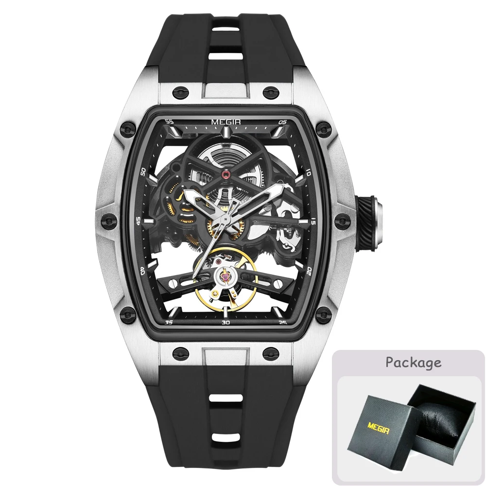 MEGIR Tonneau Skeleton Mechanical Watch for Men