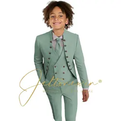 Light Green Boys Suit Jacket Pants Vest 3 Piece Set Formal Blazer for Kids Wedding Tuxedos Suits 2-16 Years Stand Collar Clothes