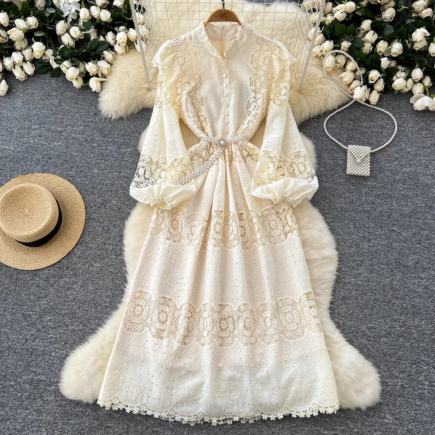 

Runway Flower Embroidery Crochet Lace Cotton Dress Autumn Women's Stand Long Lantern Sleeve Hollow Out Evening Party Vestidos