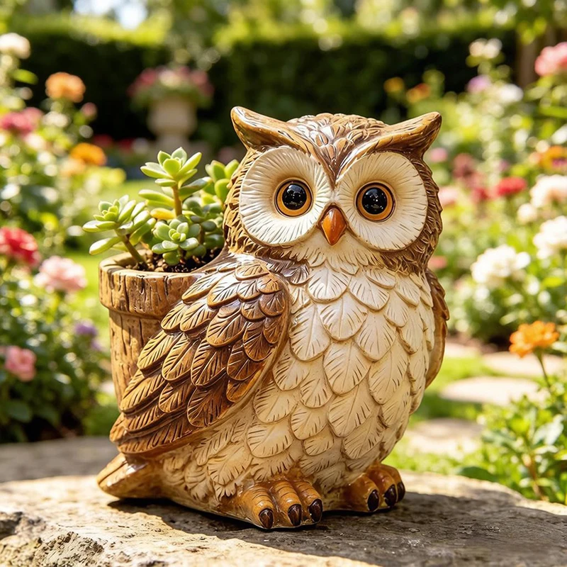 Resin Owl Statue Flower Pot, Crafts Figurine Planter, Outdoor Garden Yard Balcony Home Decor Ornament