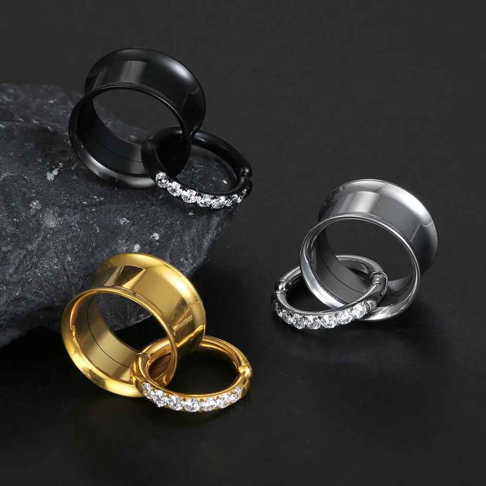 Casvort 2er-Set Edelstahl-Ohr-Tunnel mit Schraubverschluss und Zirkonia-Klappring, Ohr-Plugs, Expander, Piercing-Schmuck – Detail 4
