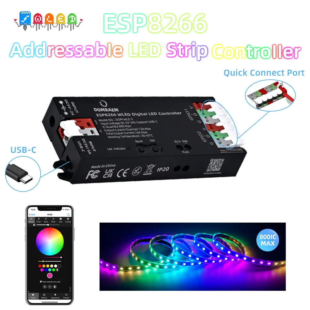

Domraem ESP8266 Цифровой Wi-Fi светодиодный контроллер USB-C5V DC5-24V Strip 100 + режимы WLED App WS2811 WS2812 SK6812 TM1814 DIY Pixel Light