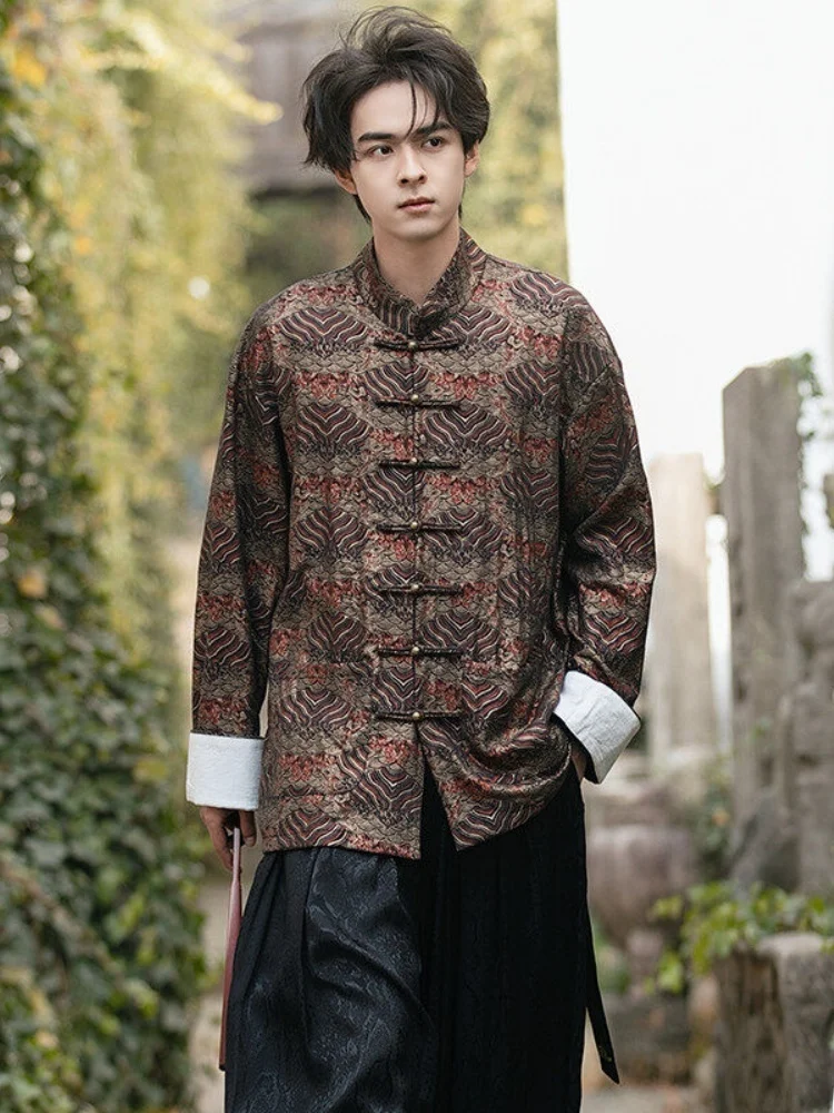 

New Chinese Sle Men's irt Jaet Gold Printing Embroidery Buttons Spring Autumn Faion Tang Costume Improved Hanfu