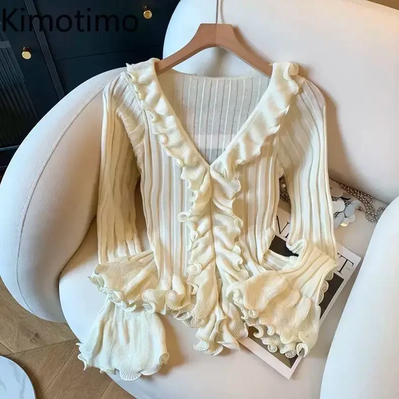 Pure Sweet Fungus V Neck Knitted Tops Women Autumn Slim Fit Long Sleeve Base Sweater Temperament Solid Pullover