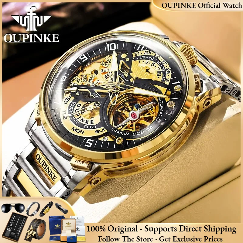 OUPINKE 3278 Men Watch Luxury Italian Designer Watch Hollow out Flywheel Dome Glass Men Automatic Mechanical Watch Genuine Reloj