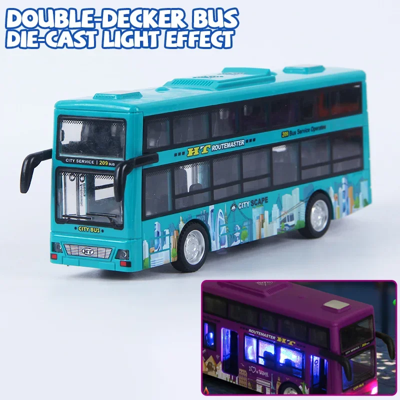 Double-Decker Bus Model Diecast Plastic Pull-Back Bus Inertia Light City Tour Bus Car Collection Toys Gifts for Children Kids