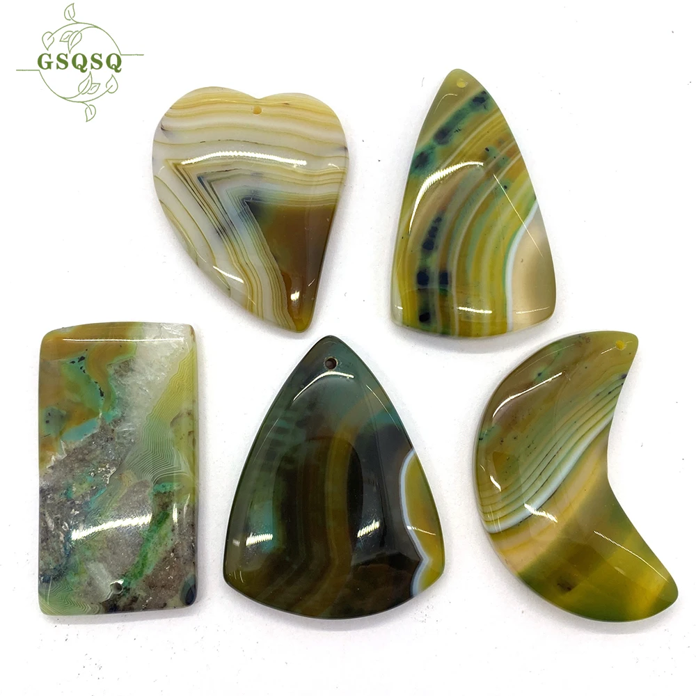 

5pcs/lot Natural Stone Geometric Water Drop Moon Pendant Necklace Yellow Stripe Agate Meditation Amulet Jewelry Necklace Making