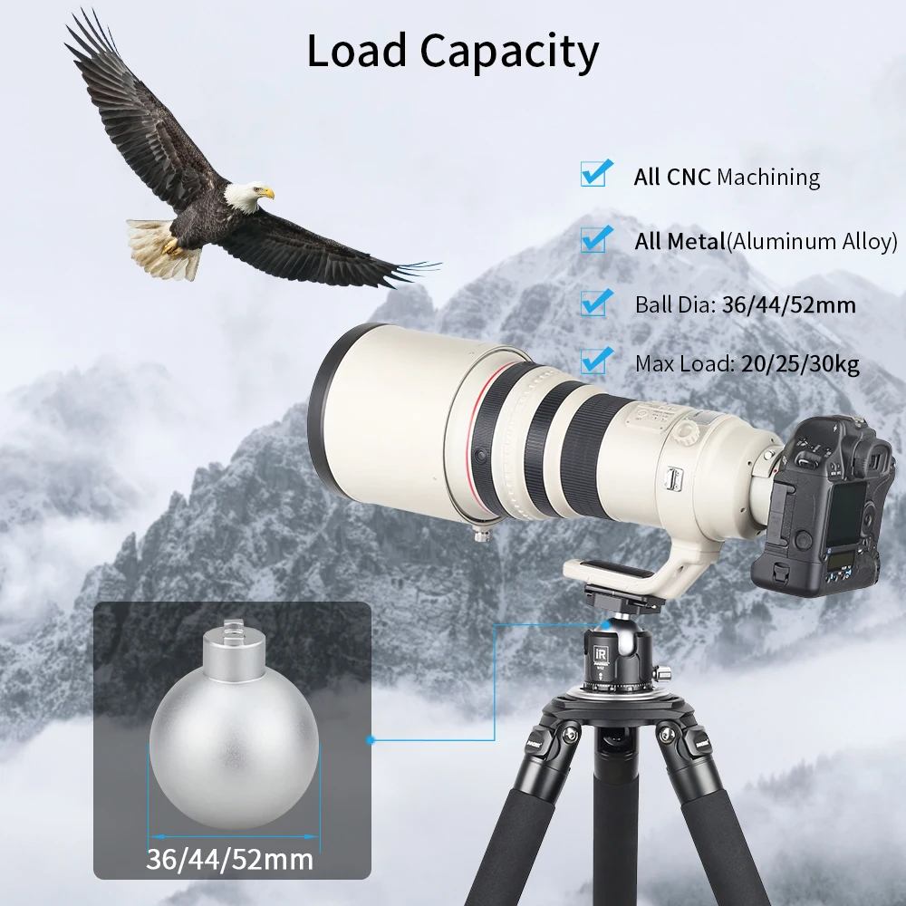 N52/N44/N36 Professional Tripod Head Low Profile Gravity Center Panoramic Photo Ball Head Double U Notch for Digital DSLR Camera