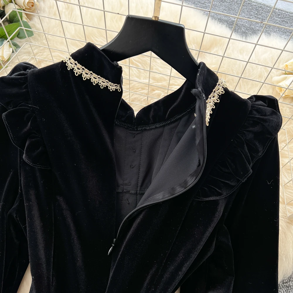 Vintage Elegant Long Sleeve Chic velour Slim Dresses Korean Office High Street Autumn Clothing