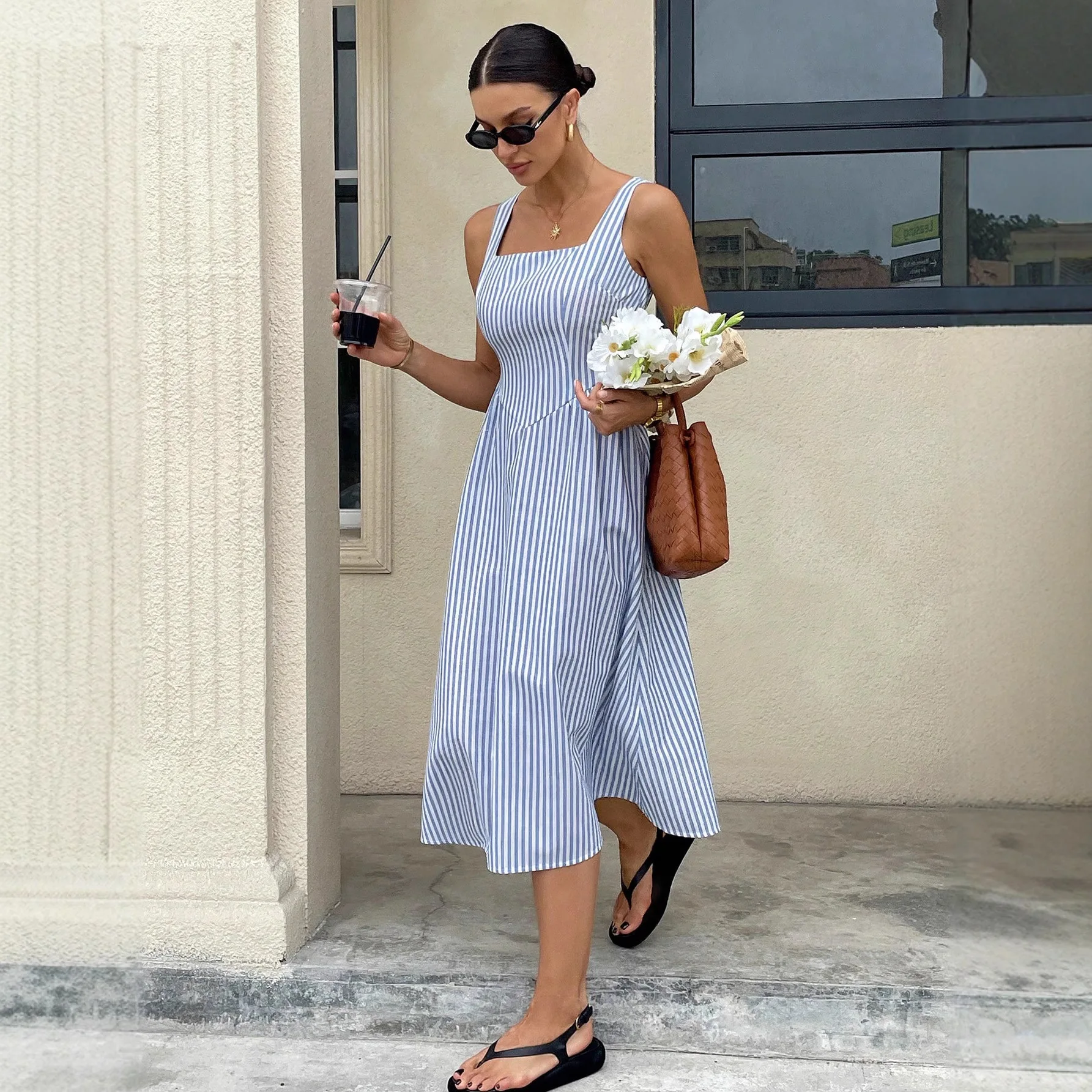 

2026 Summer Ladies New Fashion Casual French Waistless Sleeveless Strap Square Neck Color Block Striped Long Skirt