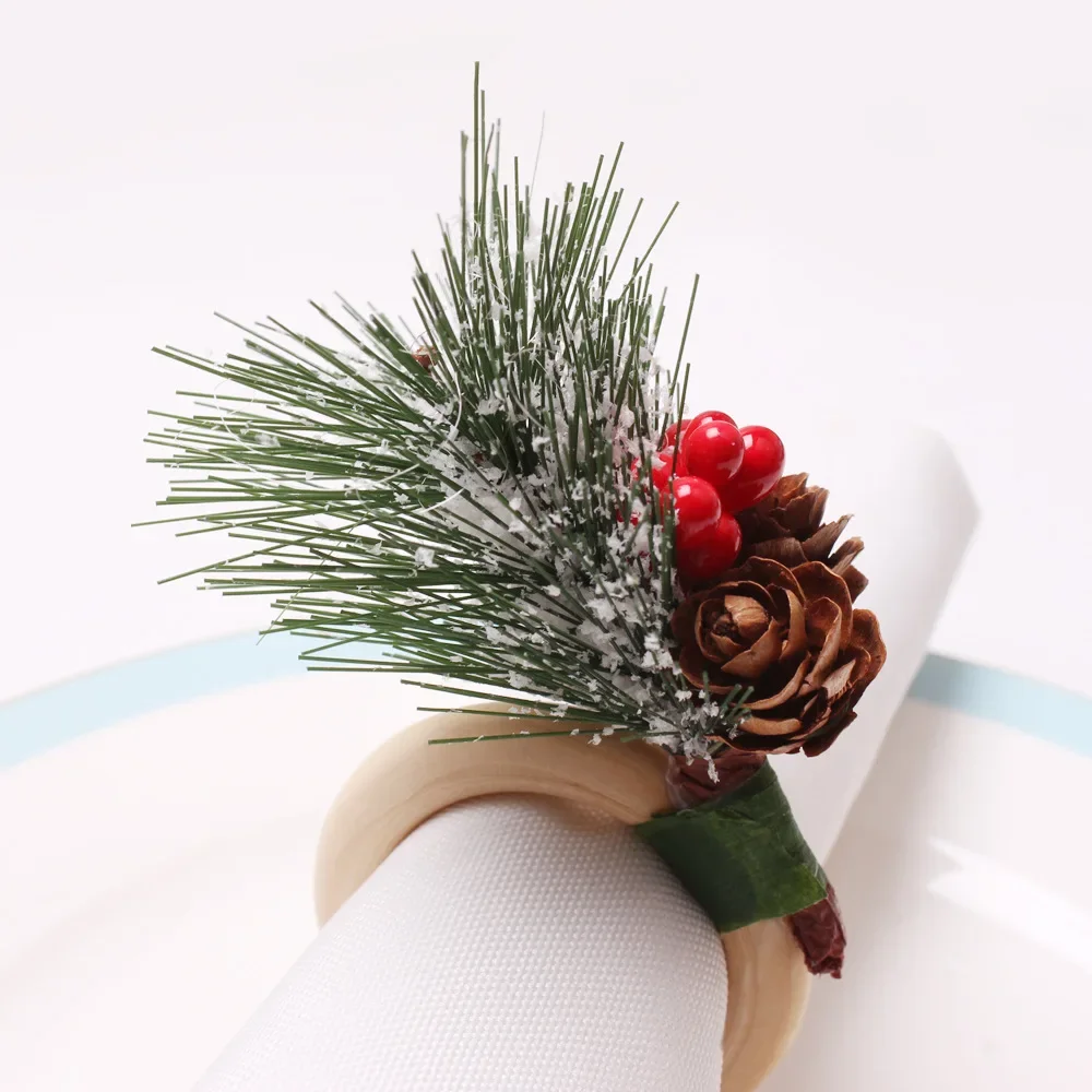 

4PCS Christmas Napkin Ring Table Decoration Pine Cone Cedar Napkin Buckle Wood Ring Red Fruit Bell Home Serviette Napkin Holder