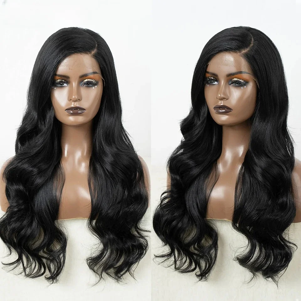 Мягкий черный 180 Плотность Объемная волна Машинный парик с для женщин Высокотемпературное волокно Косплей Бесклеевой парик для ежедневного использования