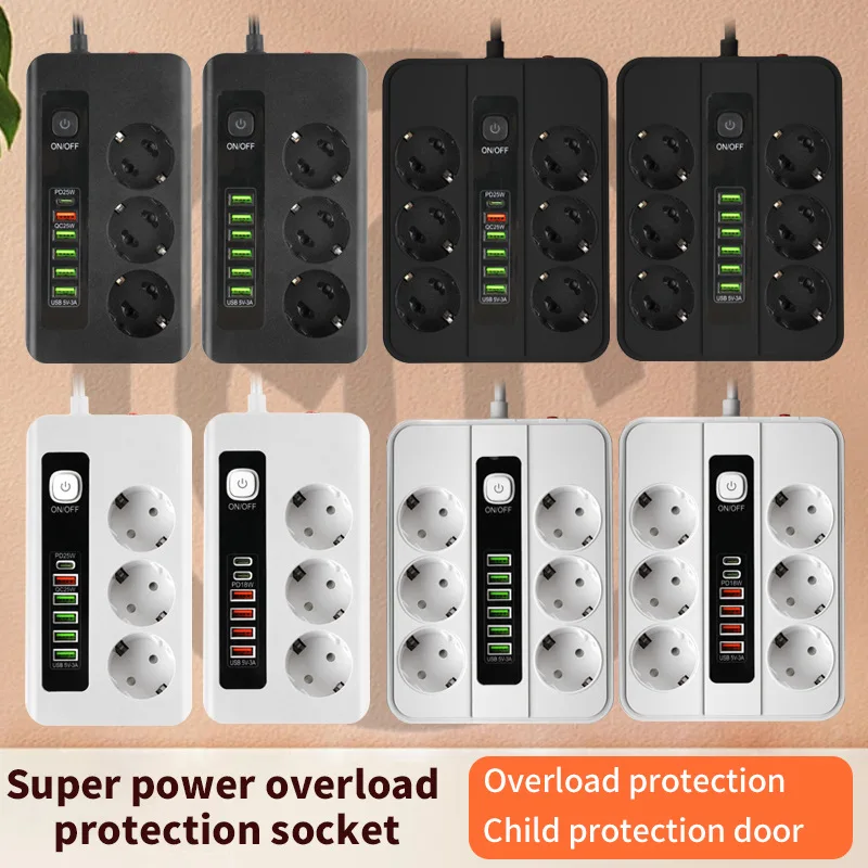EU European Standard Socket German Universal Socket Extension USB Type C PD Fast Charge EU Standard with Power Switch YH6 2Meter